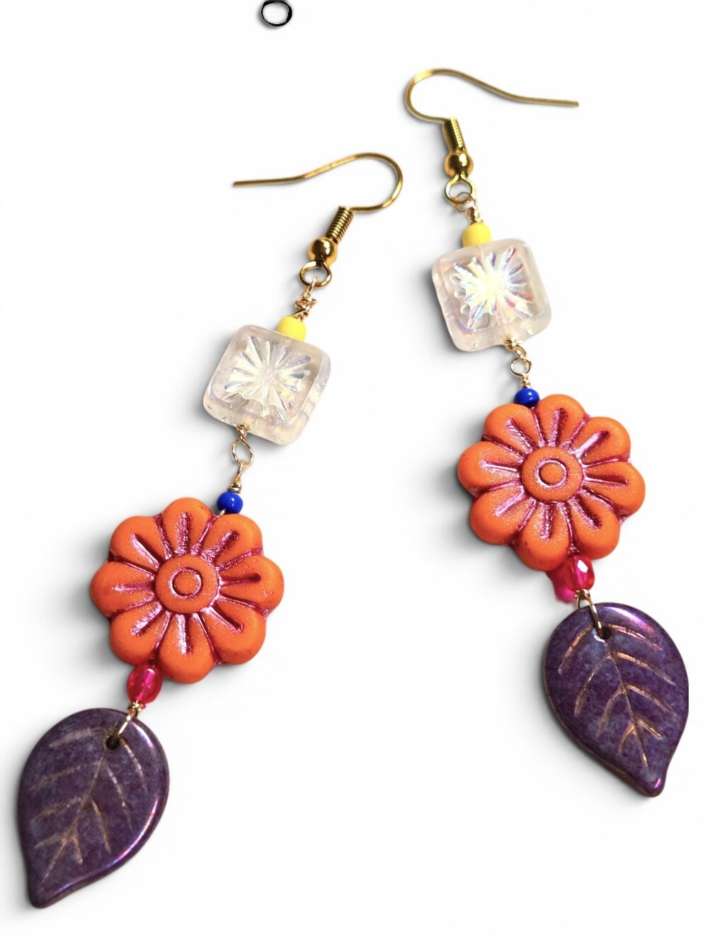 Dopamine Orange Flower & Purple Leaf Drop Earrings Czech Glass Handmade